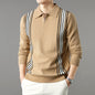 Men's Turn-down Collar Half-zip Long Sleeve Polo Stripe Color Block Sweater