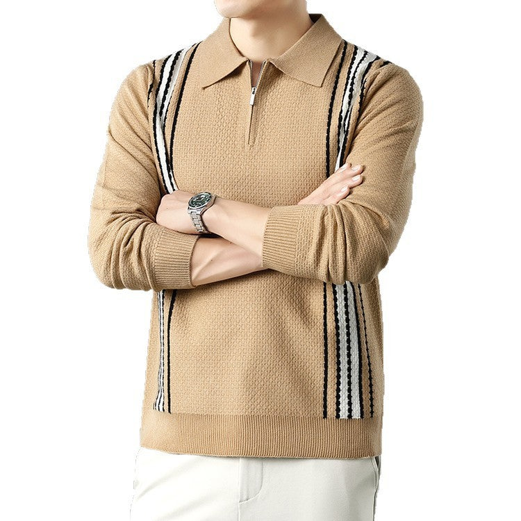 Men's Turn-down Collar Half-zip Long Sleeve Polo Stripe Color Block Sweater